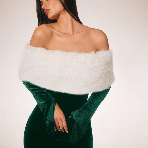 Dark Green Elegant Women's faux fur trim Off Shoulder Long Sleeve Midi Dress - Picture 6 of 7